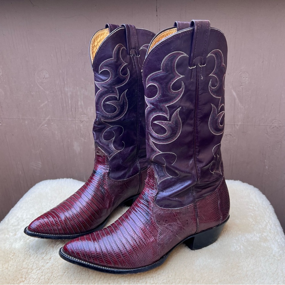 Vintage Nocona Boots Men’s Sz 9 E Teju Lizard Cowboy Western Rodeo Burgundy USA - Picture 15 of 15